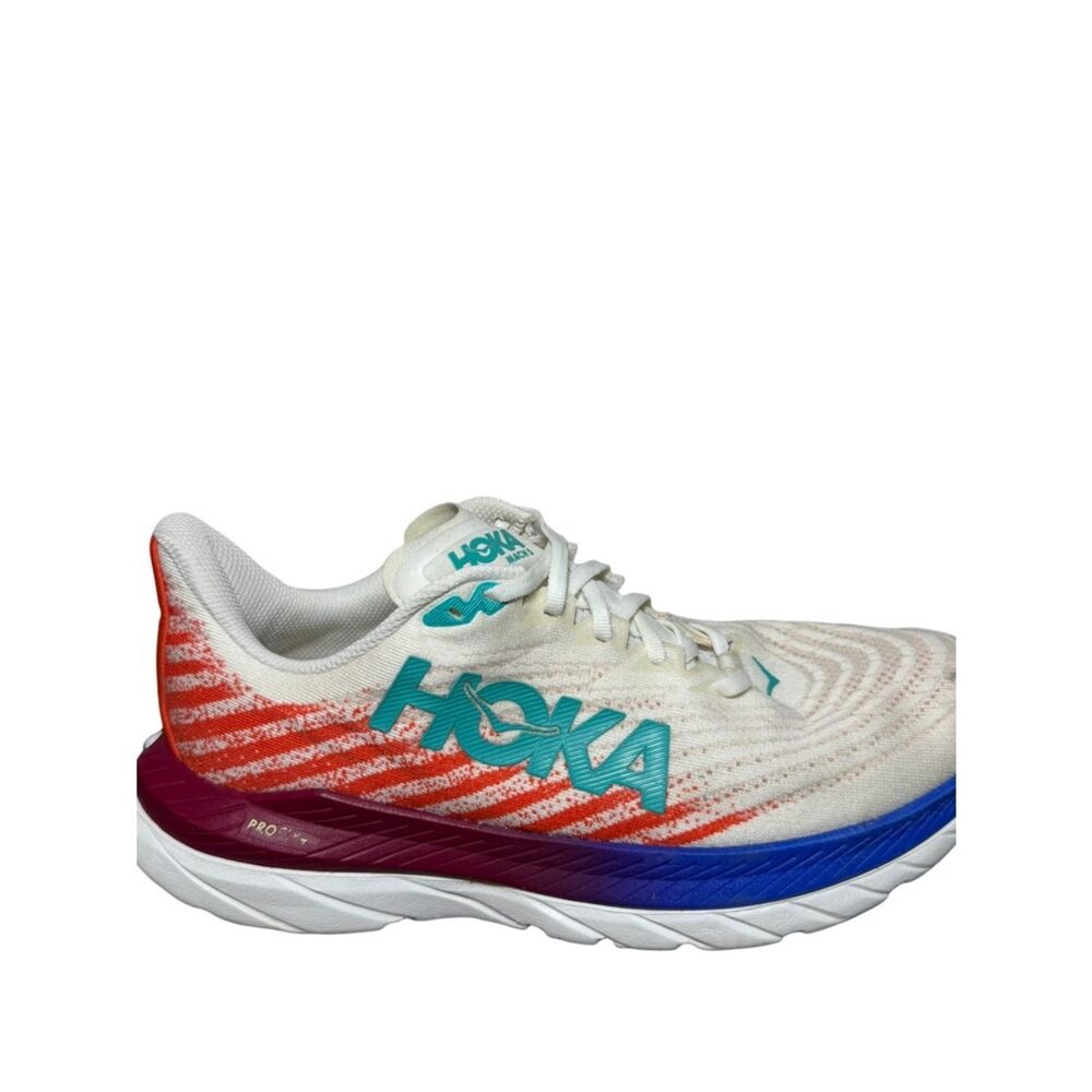 Hoka One One Women's White Shoe with Teal Logo and Red-Blue Gradient